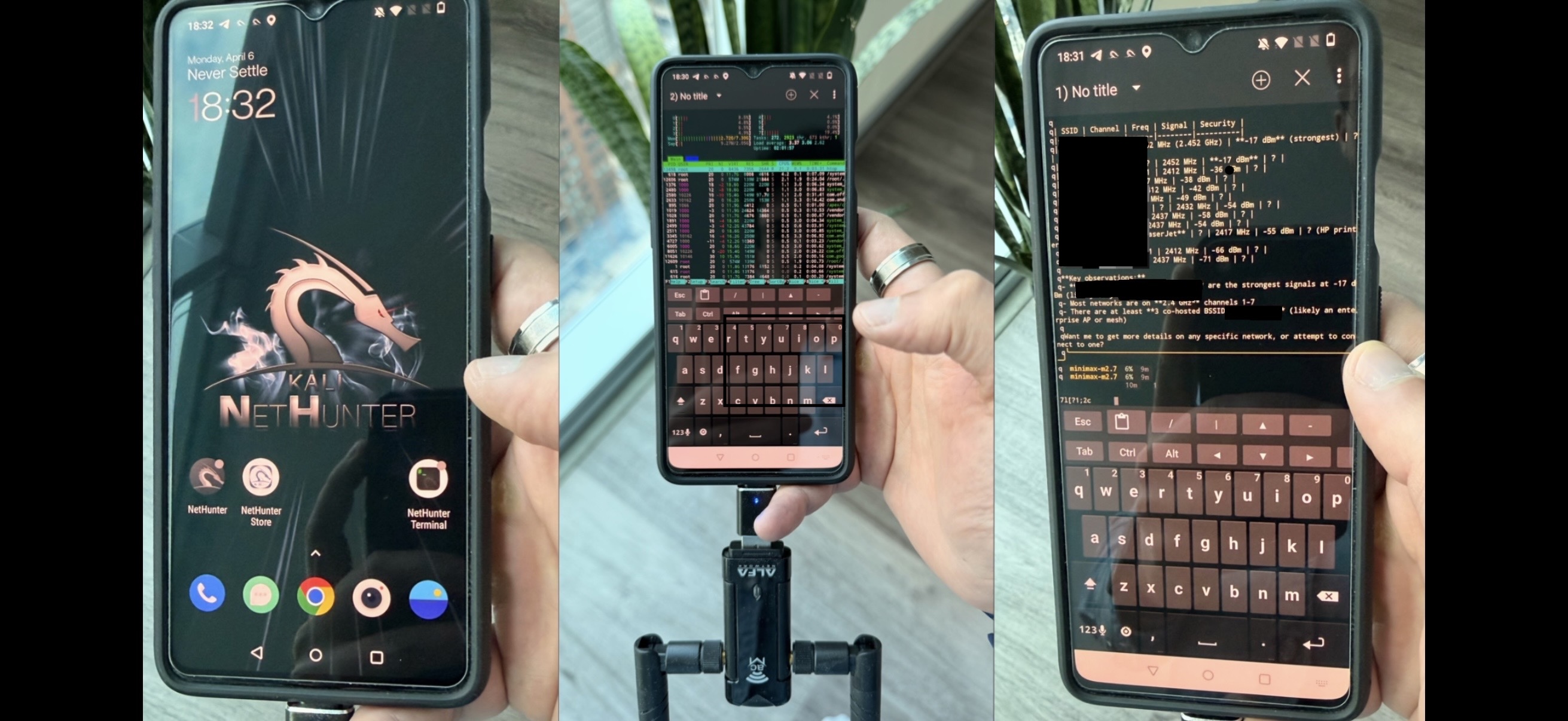 Kali NetHunter phone running Hermes AI agent with Wi-Fi adapter attached